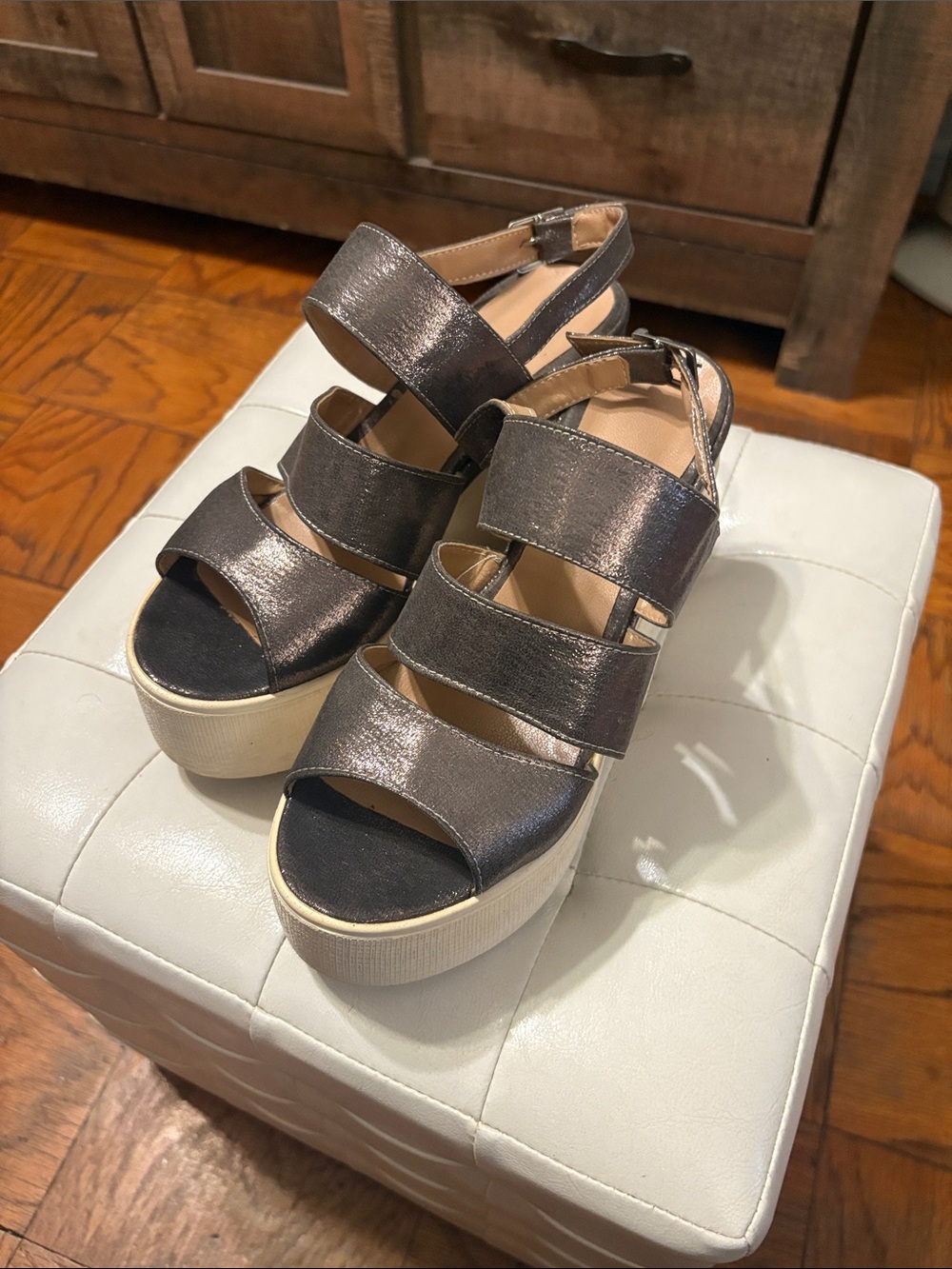 Metallic Pewter Wedge Sandals with Platform Sole